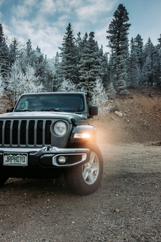 the front end of a black jeep in a forest