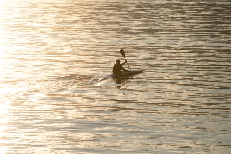 the man is paddle boarding on the water