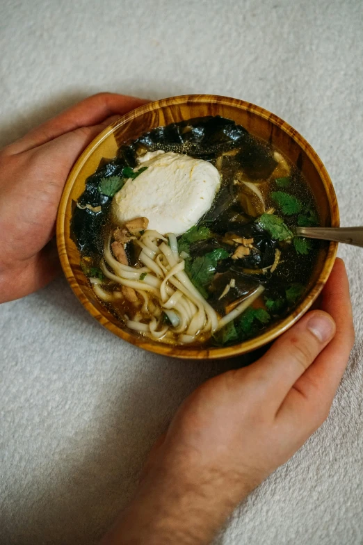 there is a person holding a bowl of noodles and meat