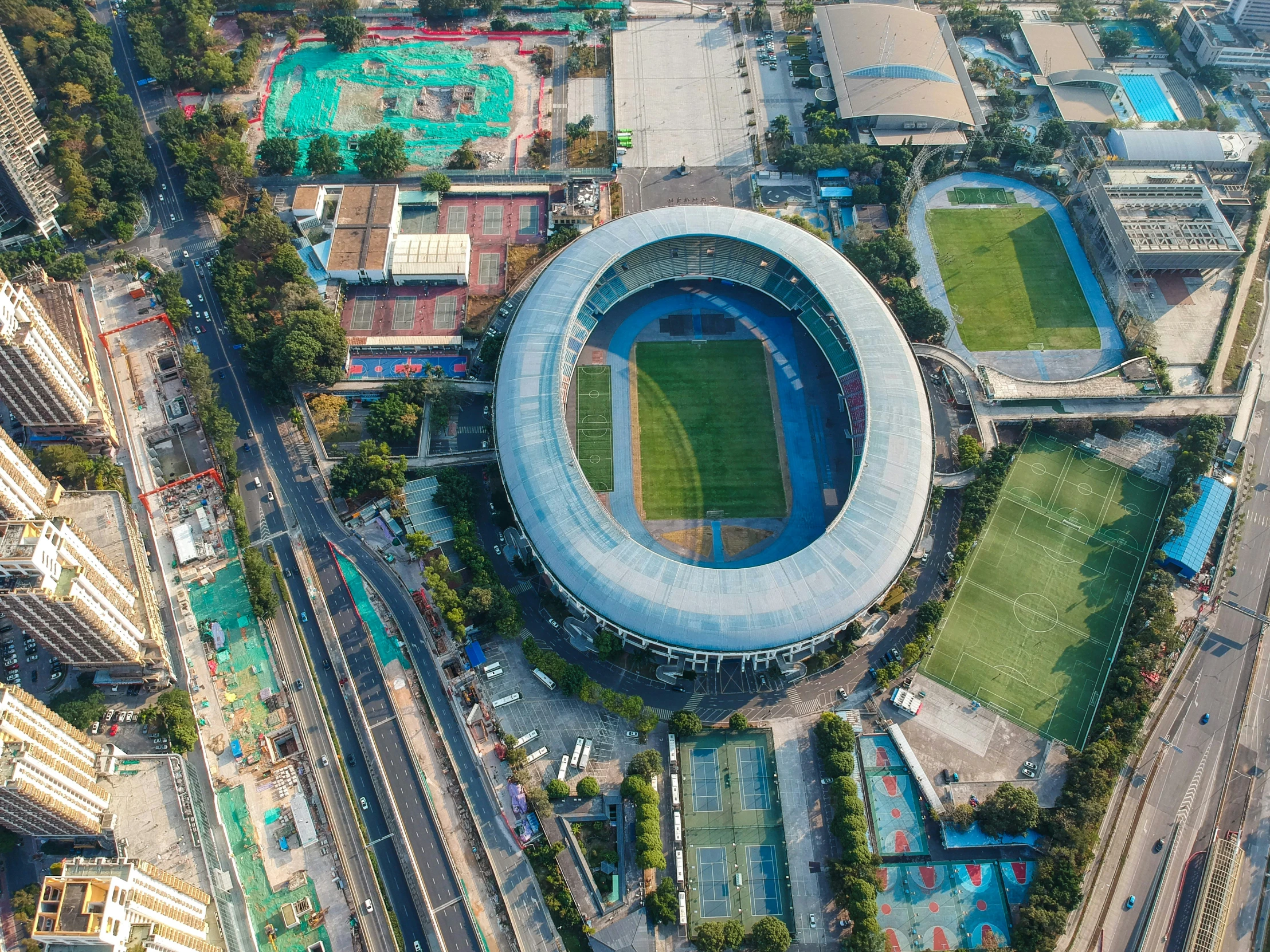 a bird's eye view of the pitch and stadium from above