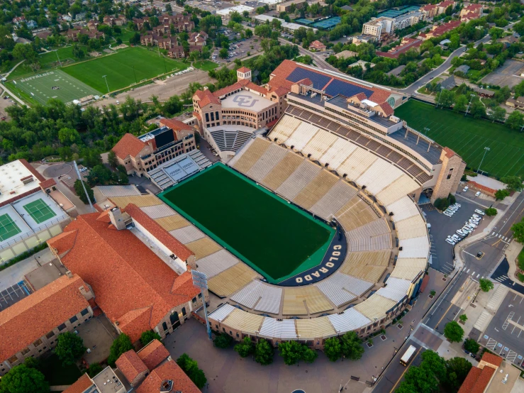 aerial view of a soccer stadium in an urban area