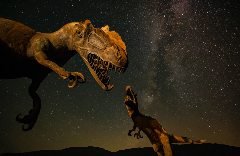 a dinosaur chasing another t - shirt with a galaxy background