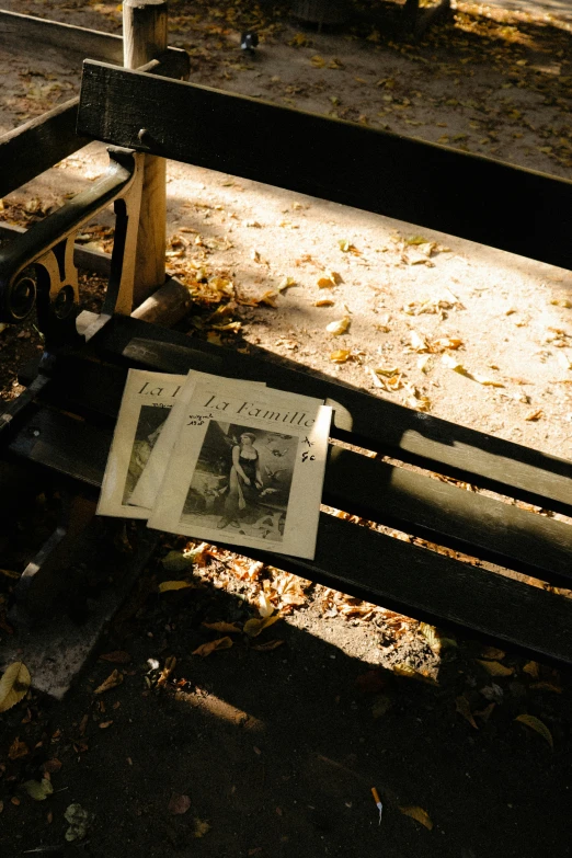 a newspaper laying on the bench in a park