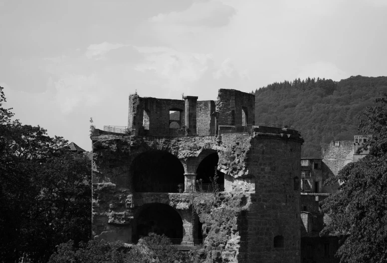 a black and white po of ruins with trees surrounding it