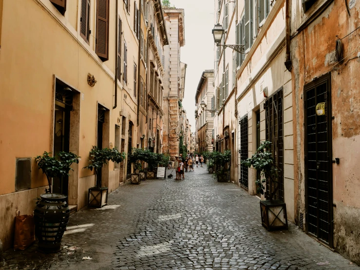 a cobblestone road between two buildings