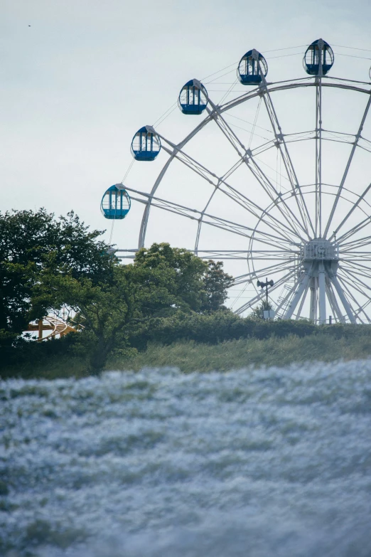 the ferris wheel is high above the water