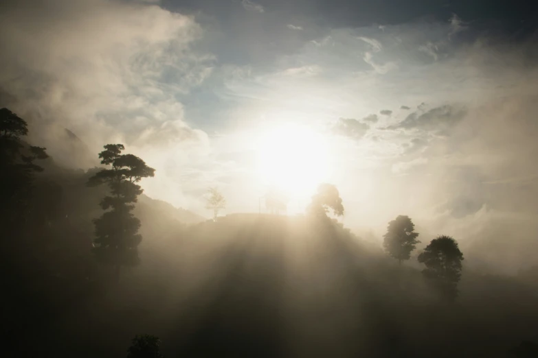 the sun is setting in the mist near the forest