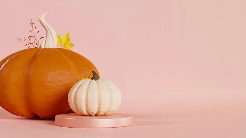 two pumpkins, one large and one small on a pink surface