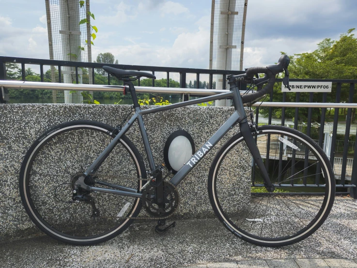 a bike leaning on a fence near some trees