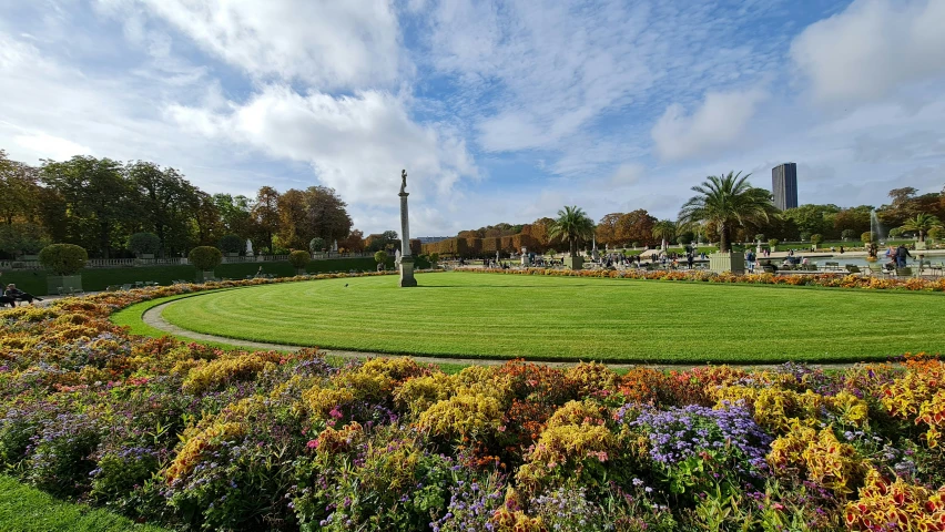 a lush green field filled with lots of flowers