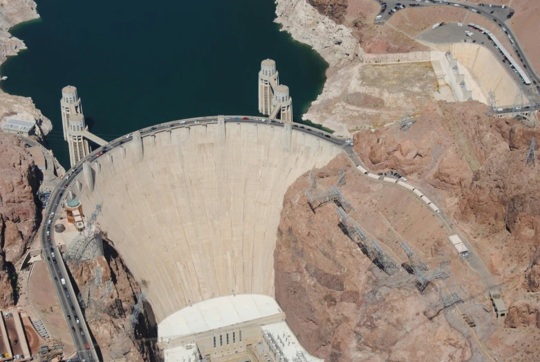 aerial view of dam structure and water features