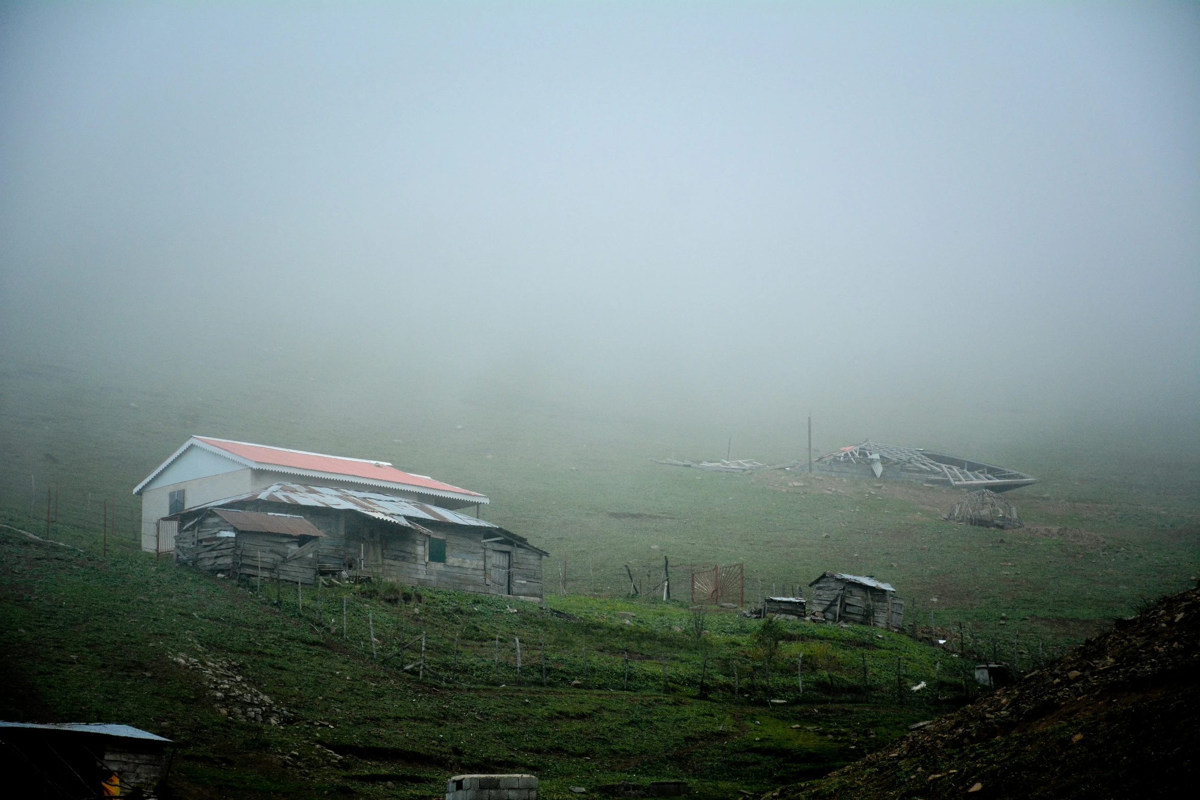 a white barn and some trees in a foggy field