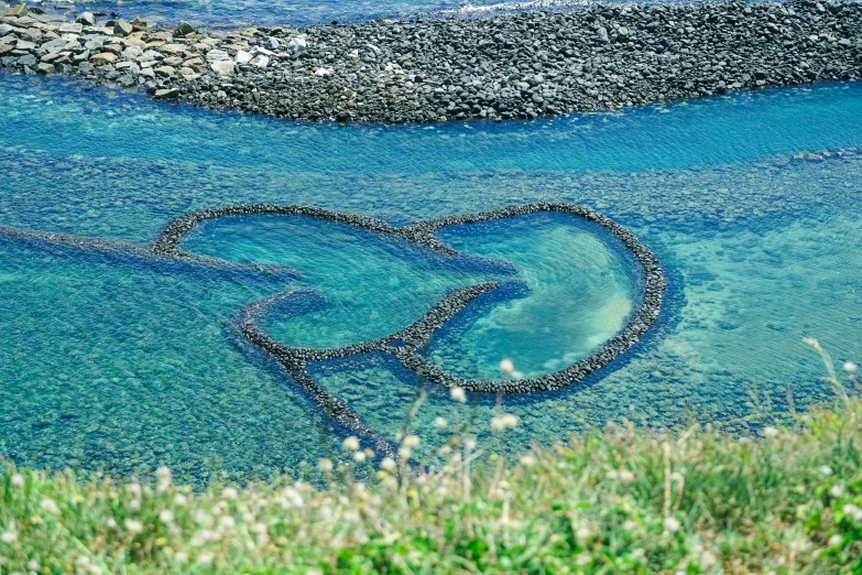 heart shaped rocks are shown in the water