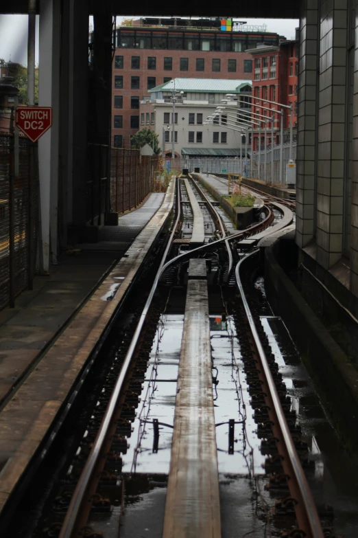 train tracks stretching into the distance with buildings in the background