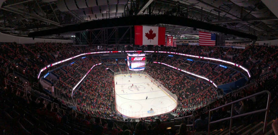 the view from an upper floor view in the united states playing hockey