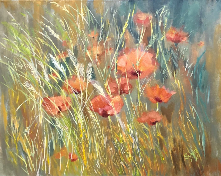 a painting of flowers in a field of tall grass