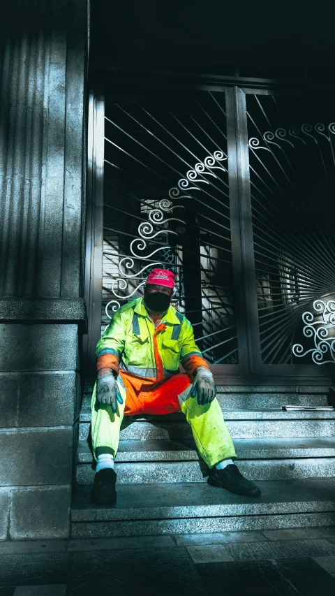 a man in yellow is sitting on some steps