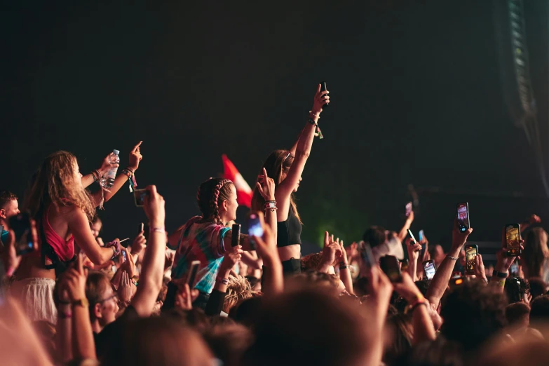 a crowd of people at a concert clapping and holding their hands up