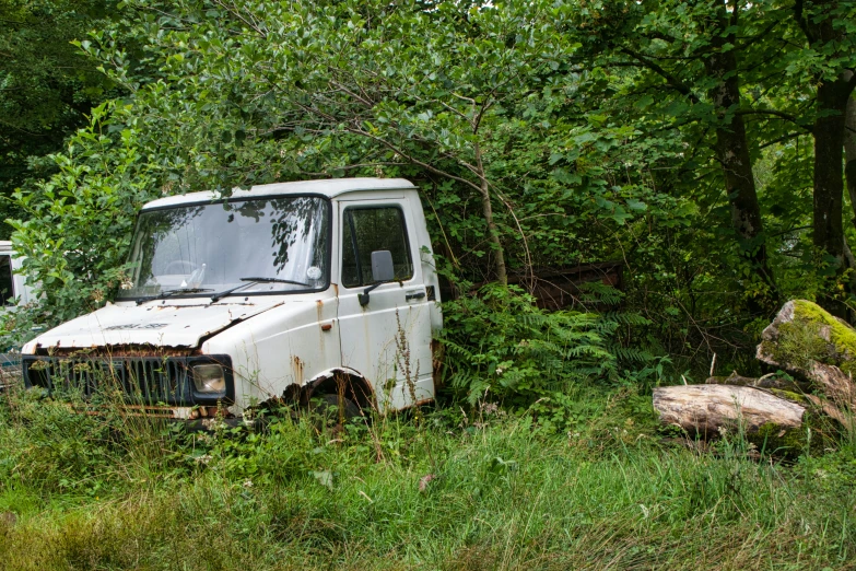 there is an old rusty bus in the grass