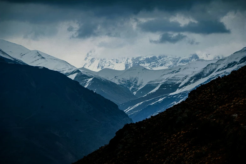 snow - capped mountains with trees in the foreground