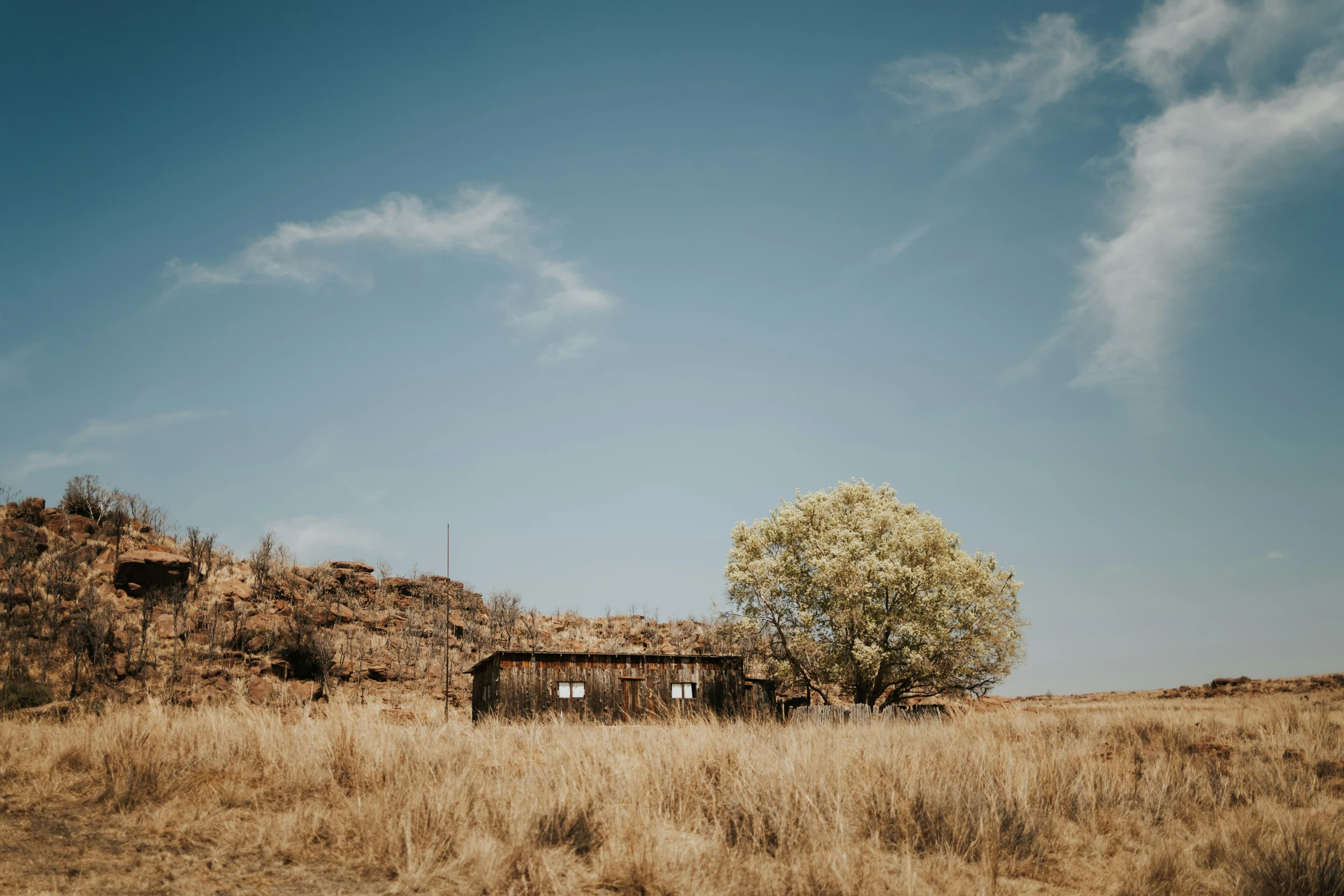 two shacks sitting in a open field with blue skies above