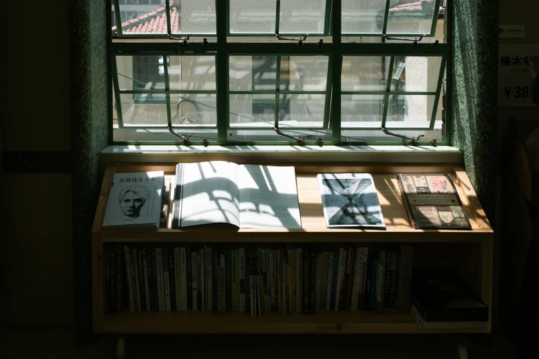 a book shelf and window in front of the windows