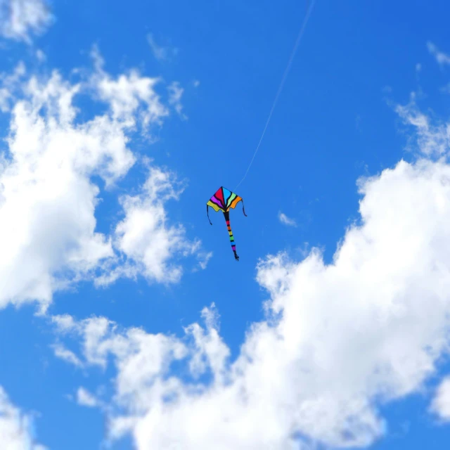 the kite is flying high in the cloudy sky