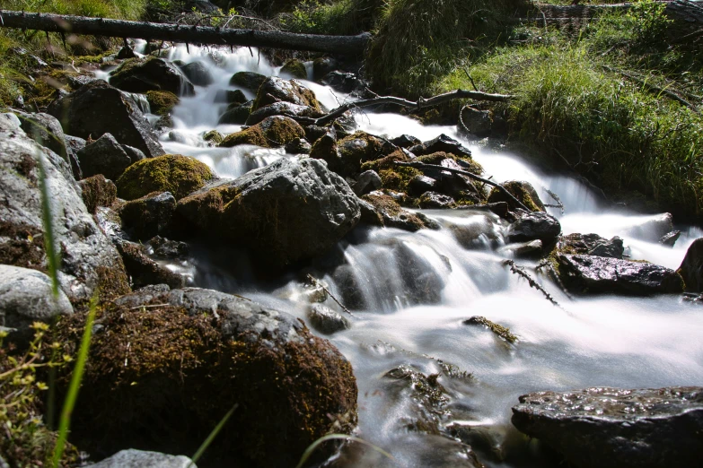 a river is flowing between some rocks in the woods