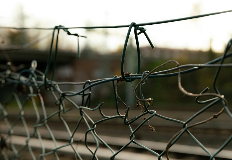 a barbed wire fence is looking through the gap