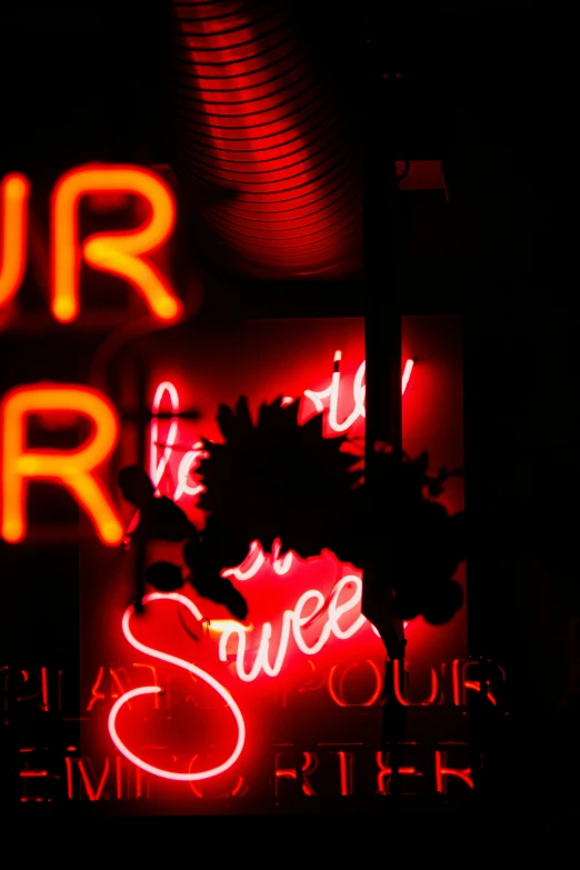 some neon signs in the dark for advertising