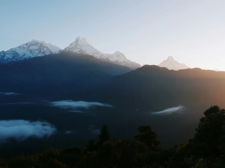 a mountain with some trees in it at dusk