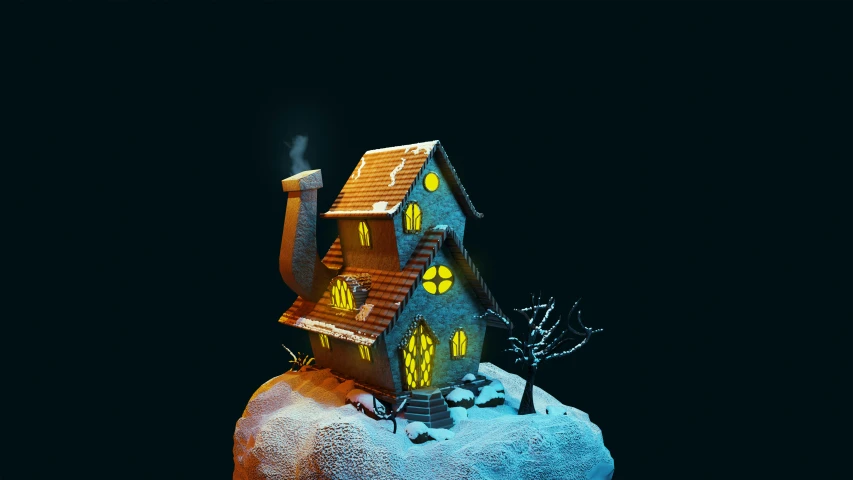 a wooden house with lights on is shown in the dark