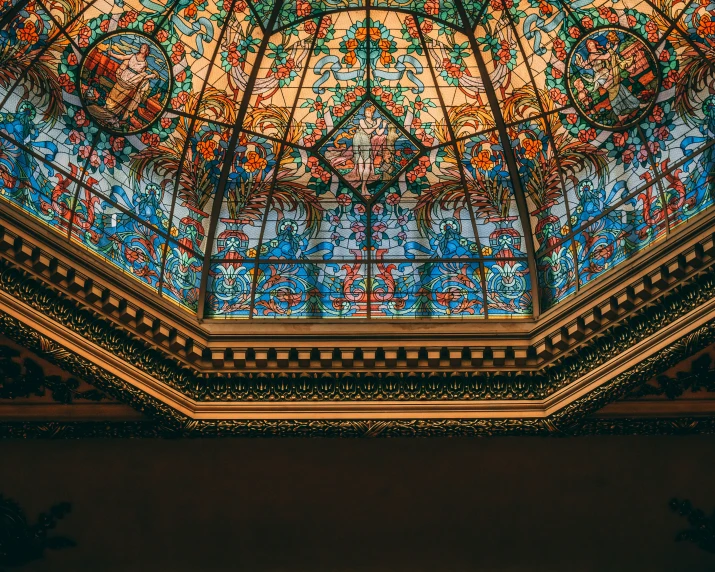 stained glass dome of a church with ornate ornaments on the wall