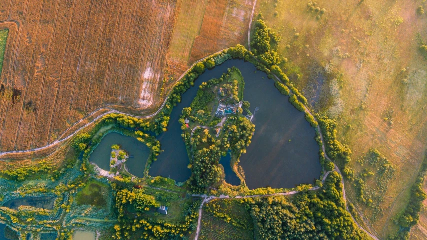 a view from a helicopter shows lush vegetation and a lake