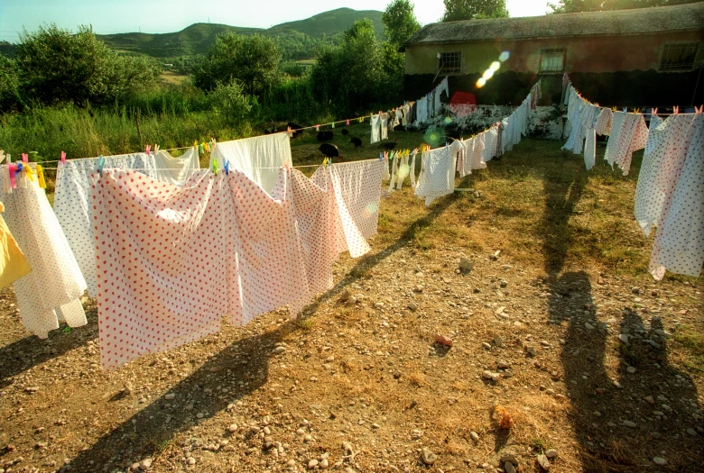 clothes are drying on a wire near the grass