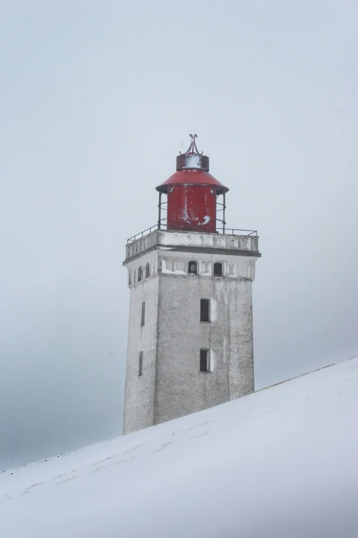 this is a very big red lighthouse on top of the mountain