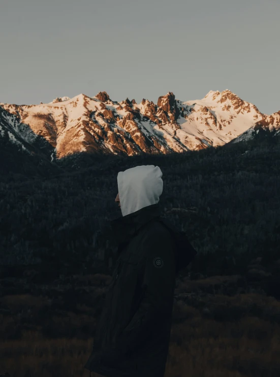 a person with head covering standing in a field with mountains