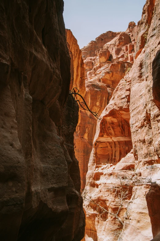 a narrow rocky canyon with a stone wall