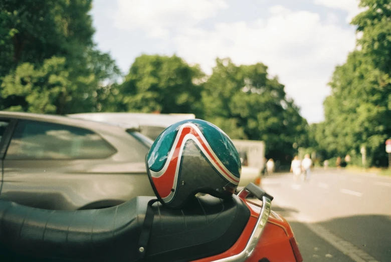 a motorcycle parked on the side of the street