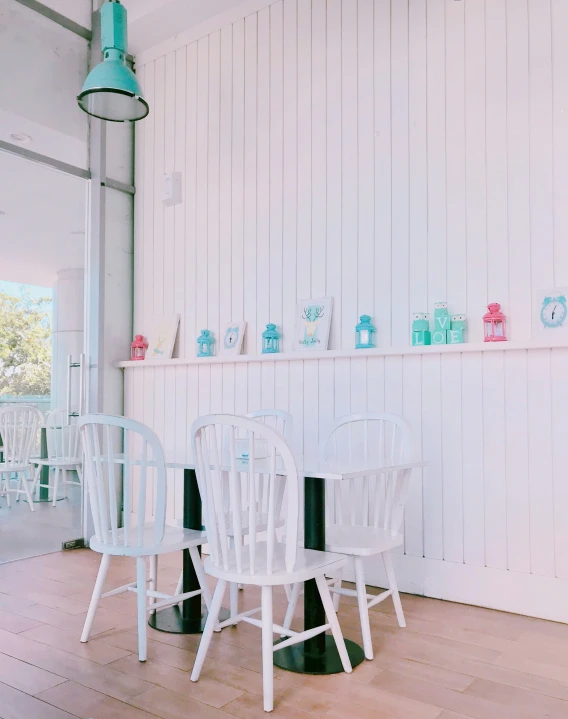 a group of white chairs sitting inside of a room