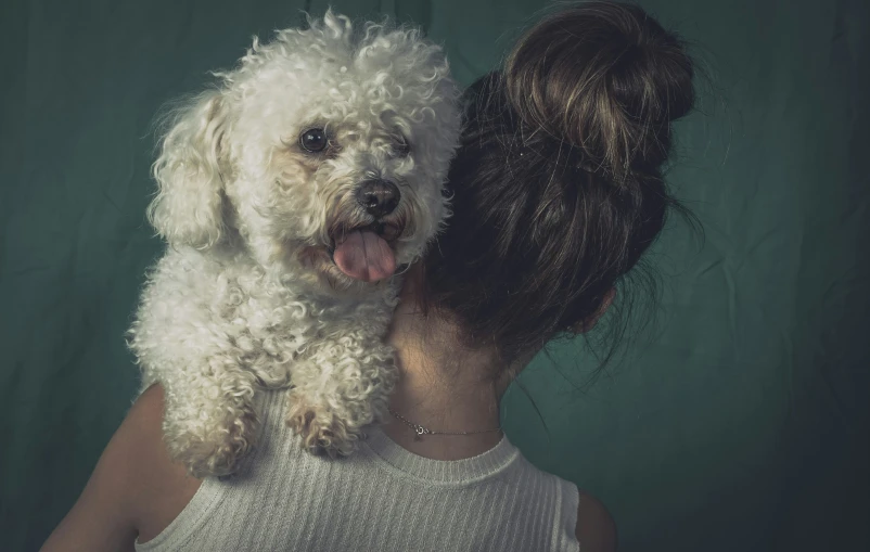woman holding white fluffy dog in front of her