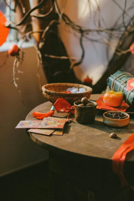 a table is set with various items on it