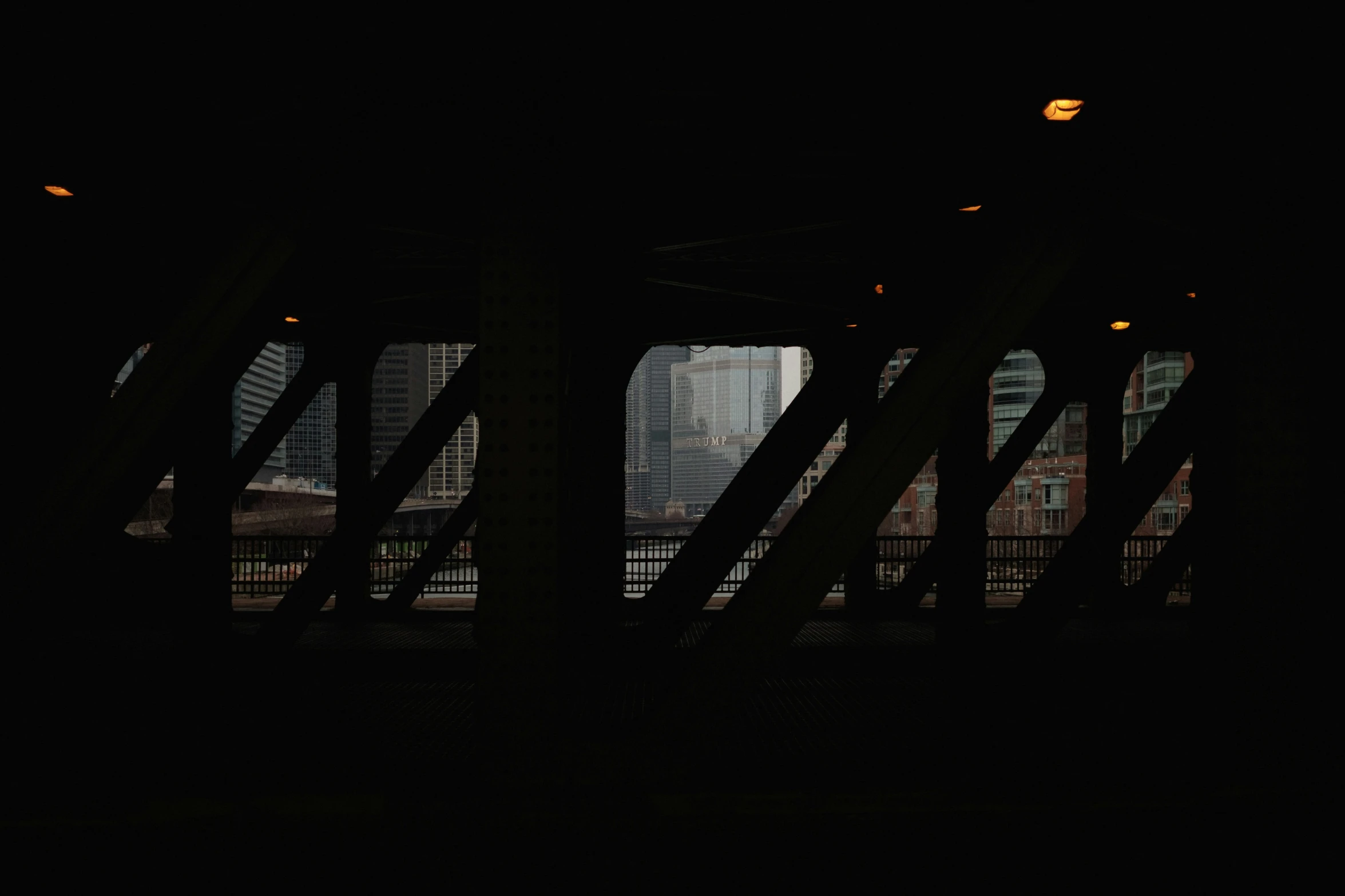 a train traveling through a city at night