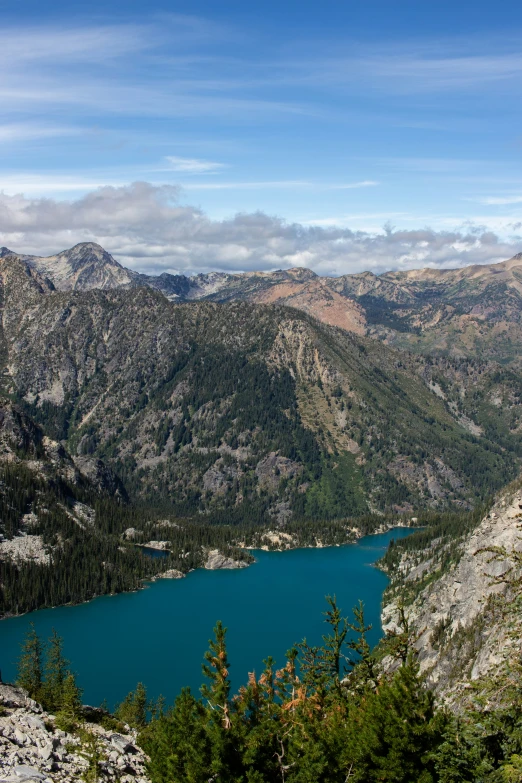 the view of a lake in mountains from a high viewpoint