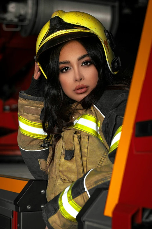 a woman wearing a fireman's hat and reflective gear