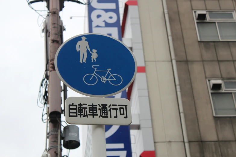 two blue signs that show people and bikes with the word pedestrians