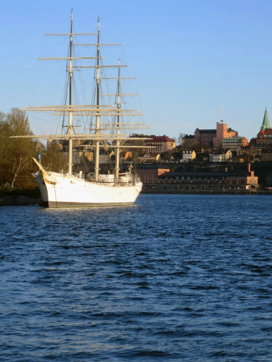 a large white ship in the middle of a bay