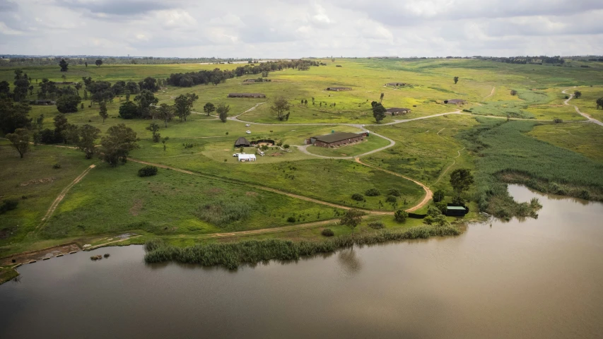 an aerial view of a small body of water