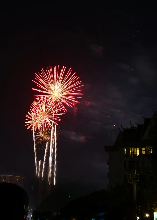 fireworks fill the sky above a city street