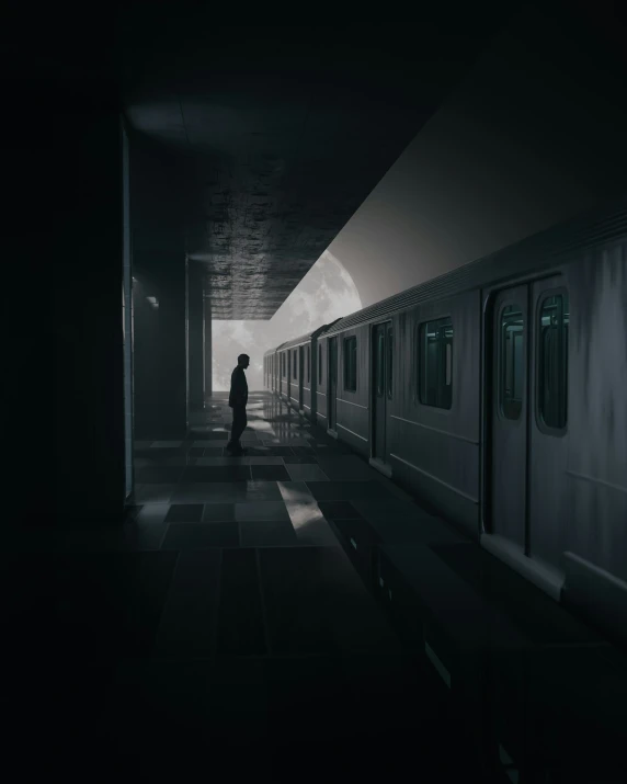 a person in black standing by a train in the dark